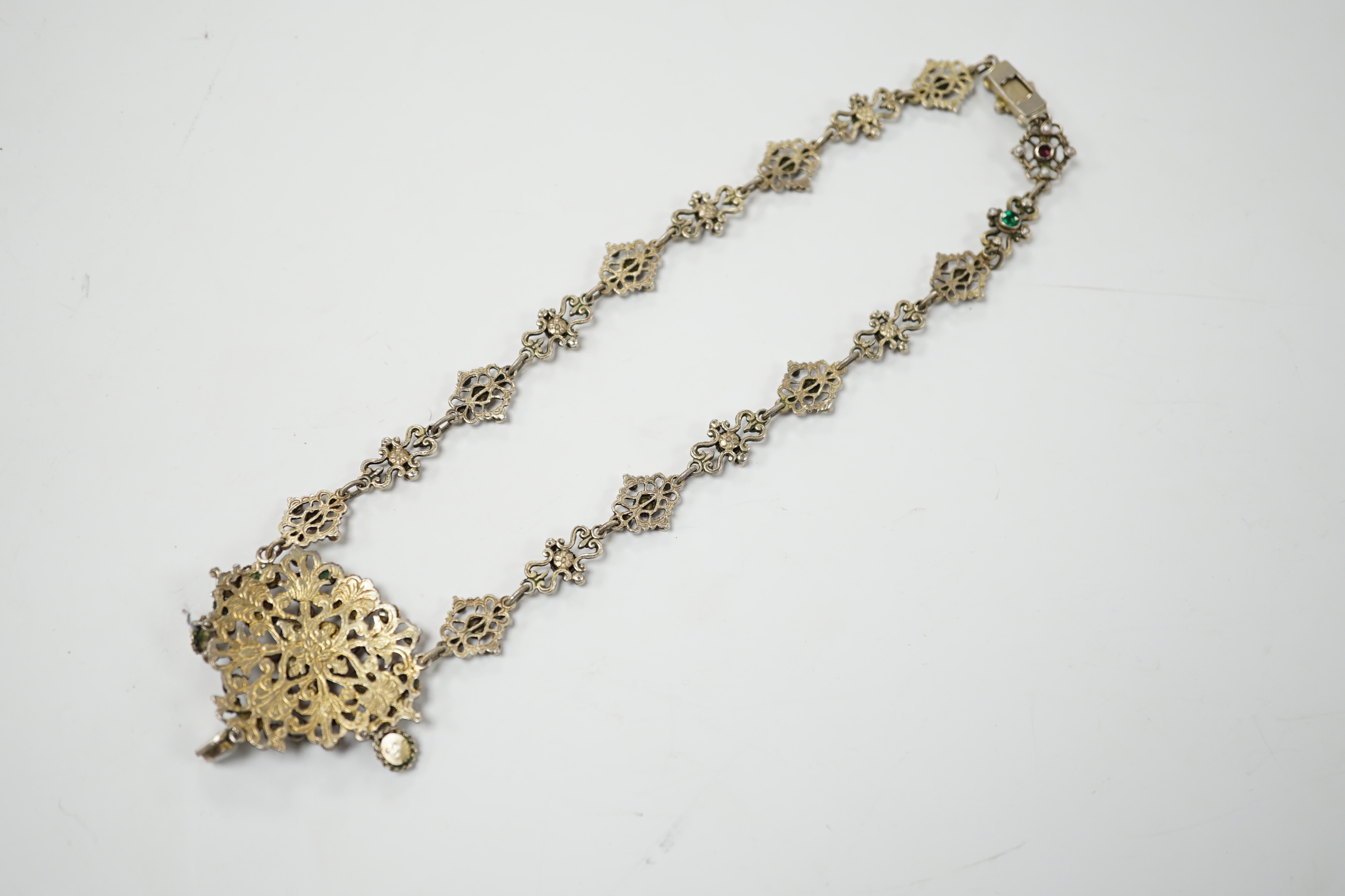 A 19th century Austro-Hungarian baroque pearl and gem set silver gilt necklace, 23cm